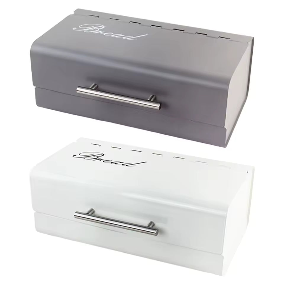 Clarify.pk luxury metal bread box in gray and white with stainless steel handles and ventilation slots