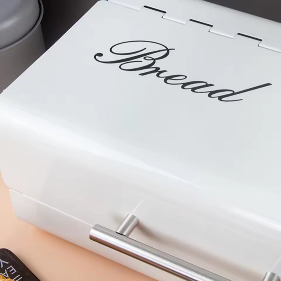 White luxury metal bread box with silver handle and Bread text on lid for stylish bread storage