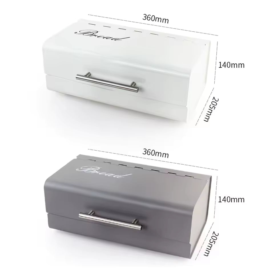 Luxury metal bread box in white and gray with stainless steel handle and ventilation slots