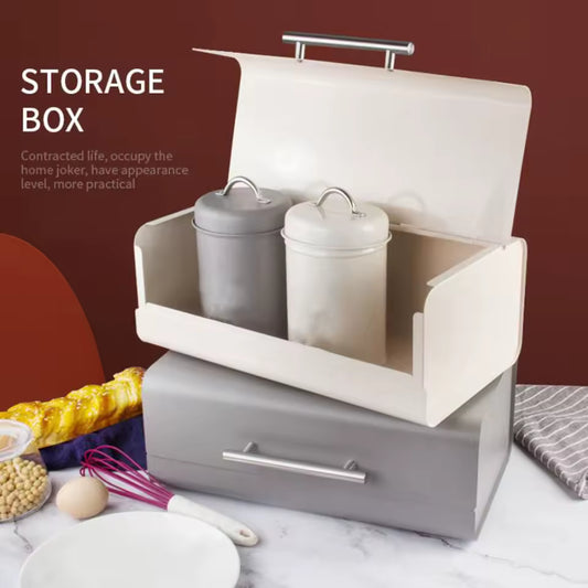 Clarify.pk luxury metal bread box in white with storage jars on kitchen countertop