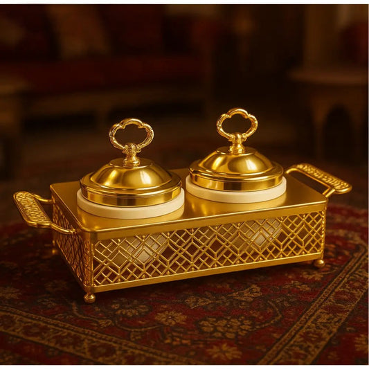 Clarify.pk luxury serving bowl set with two golden lidded bowls in decorative metal holder