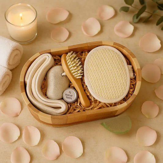 Luxury spa gift basket with wooden brush, exfoliating mitt, pumice stone, and rolled towel in wooden box