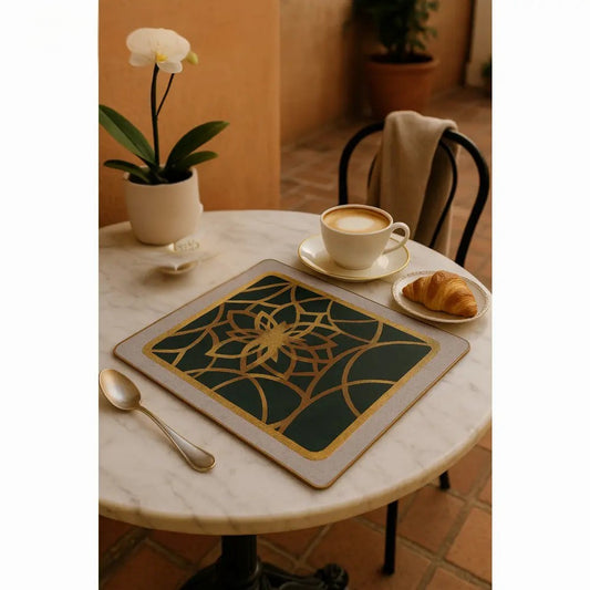 Elegant luxury table mats set with geometric design on a marble round table with coffee and croissant
