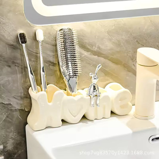 Luxury toothbrush holder for bathroom in white with love design holding toothbrushes and a hairbrush