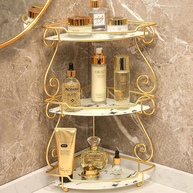 Clarify.pk luxury vanity shelf for bathroom with gold metal frame and marble shelves holding skincare products