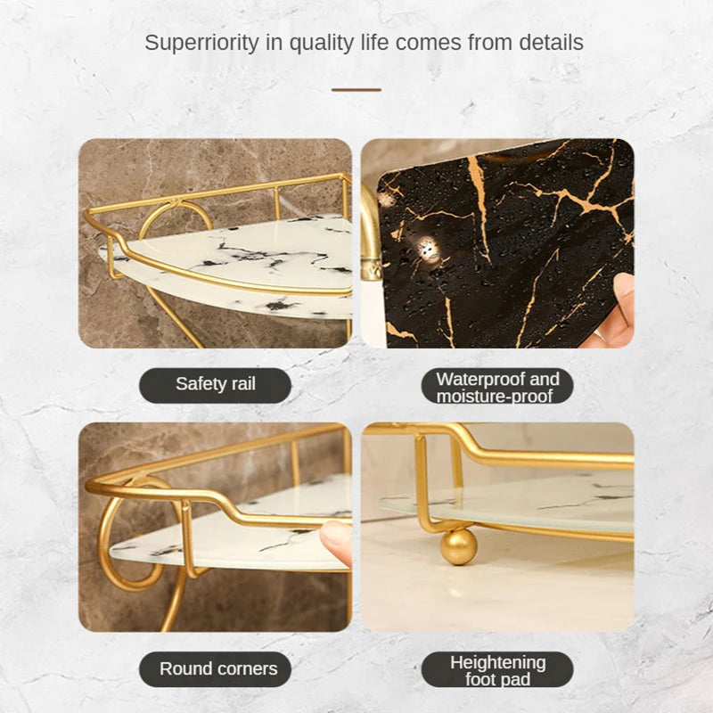 Luxury vanity shelf for bathroom with safety rail waterproof marble surface and gold frame