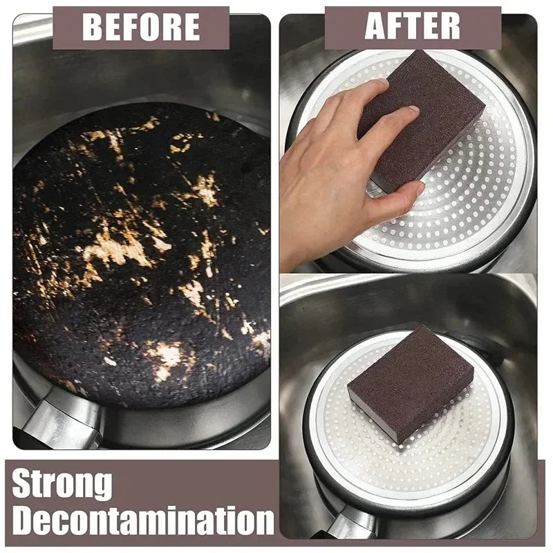 2 pieces magic sponge cleaning brush showing before and after cleaning a burnt pan surface with strong decontamination