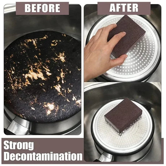 2 pieces magic sponge cleaning brush showing before and after cleaning a burnt pan surface with strong decontamination