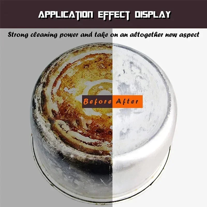2 pieces magic sponge cleaning brush showing before and after cleaning a rusty metal pot
