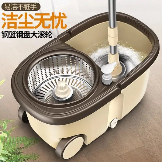 Clarify.pk clamping type magic spin mop bucket with stainless steel wringer and beige brown plastic body