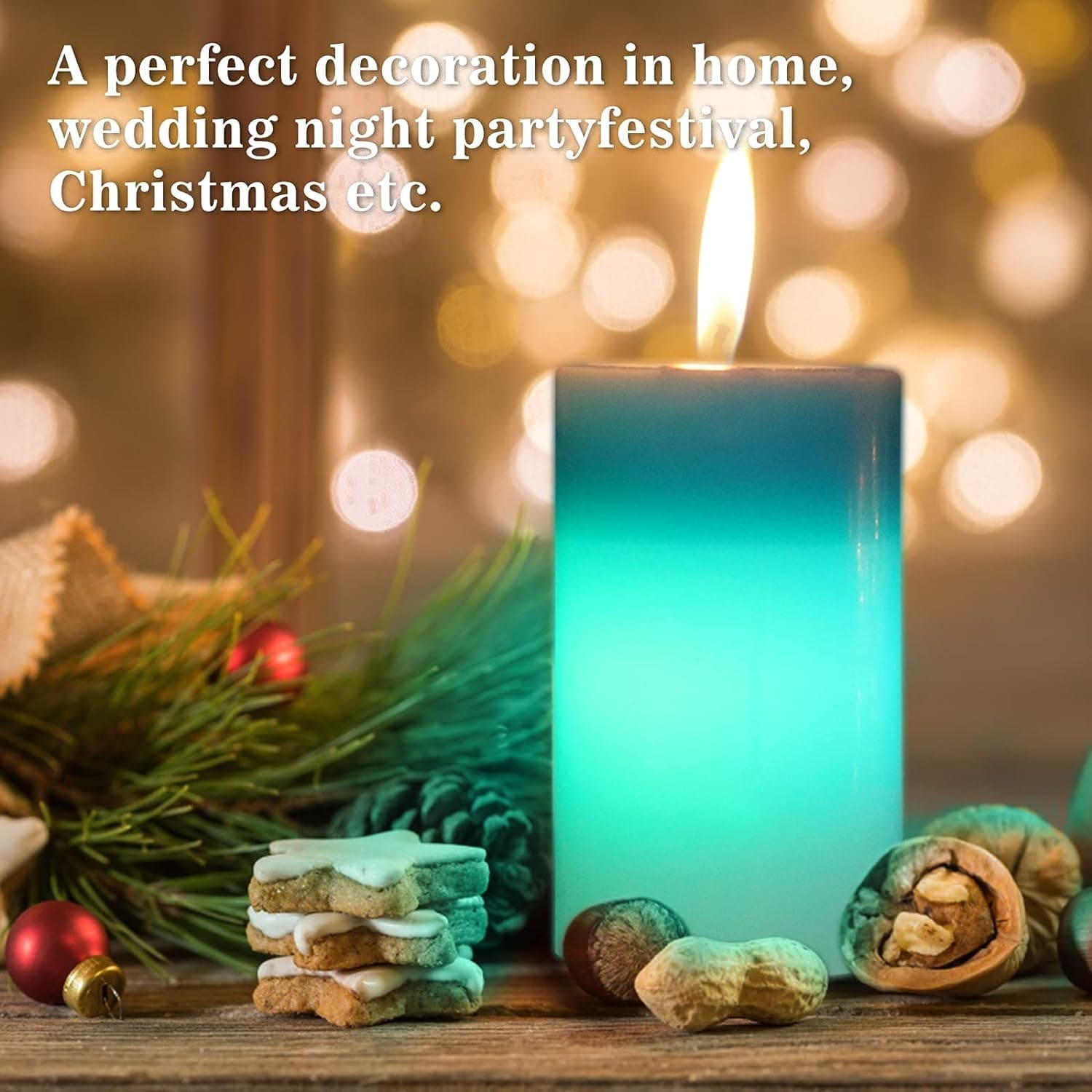 Lit blue magic wax mood candle on wooden surface with holiday decorations and warm bokeh lights