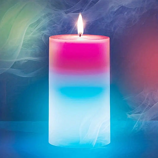 Clarify.pk magic wax mood candle glowing with pink and blue hues and soft smoke background