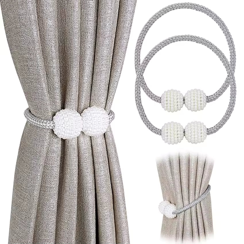 magnetic curtain holders pack of 2 by Clarify.pk with white beaded sphere design on gray braided cords