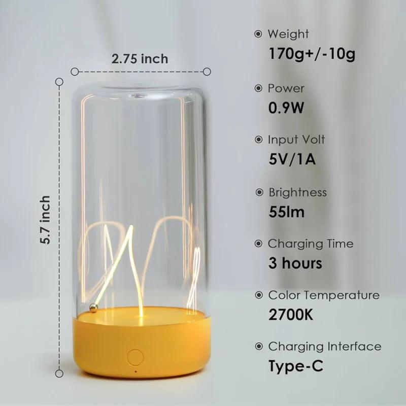 Magnetic LED Desk Light with yellow base, clear glass cover, and detailed product specifications