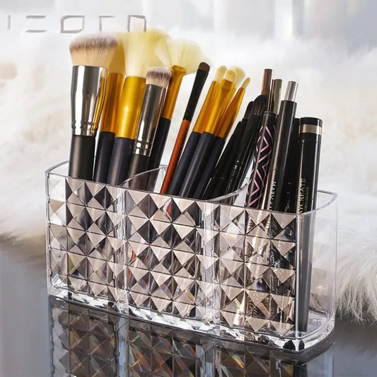 Clarify.pk makeup brush bucket for vanity with clear cosmetic storage box holding various brushes