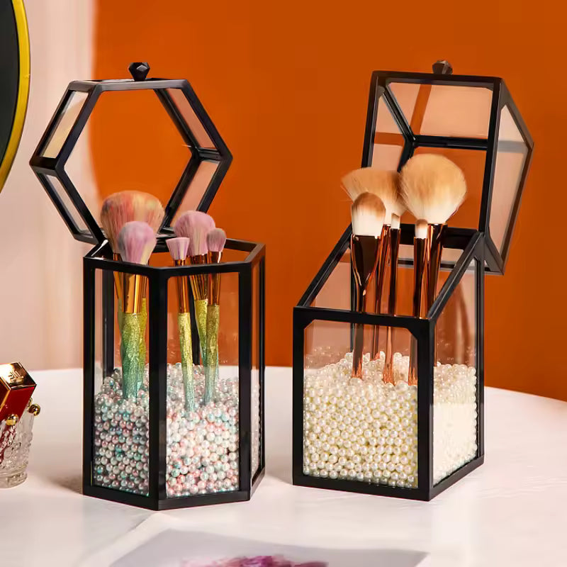 Clarify.pk makeup brush storage box set with black frame and glass panels filled with decorative beads holding makeup brushes