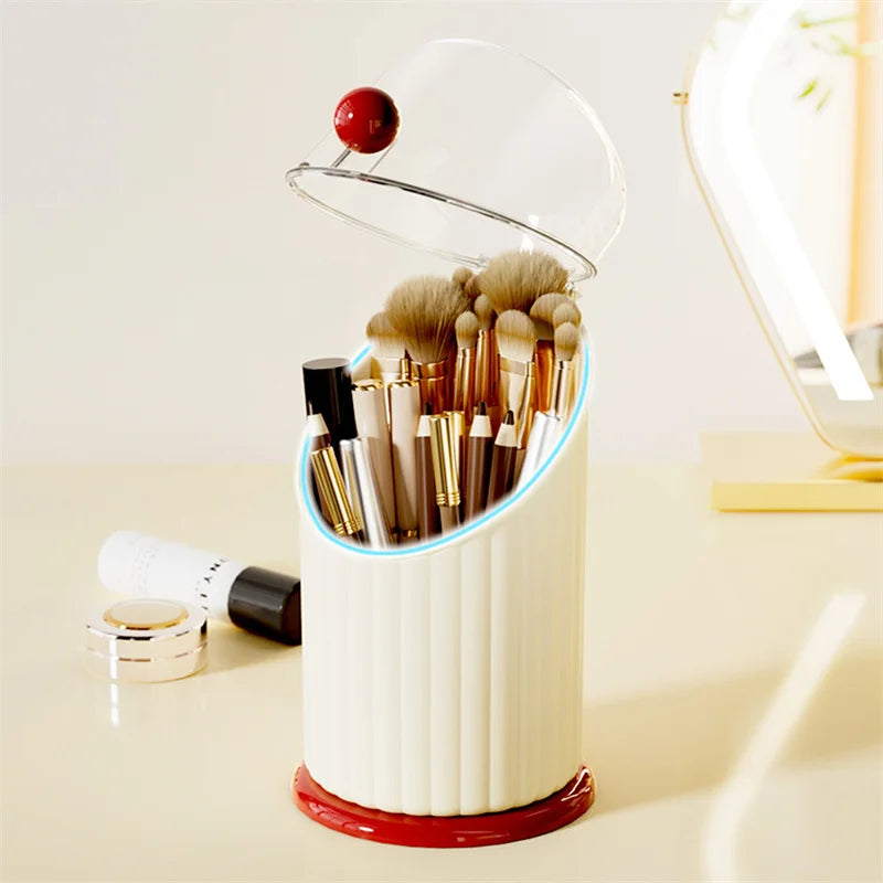 Clarify.pk white makeup brush storage box cylinder with clear lid holding various makeup brushes