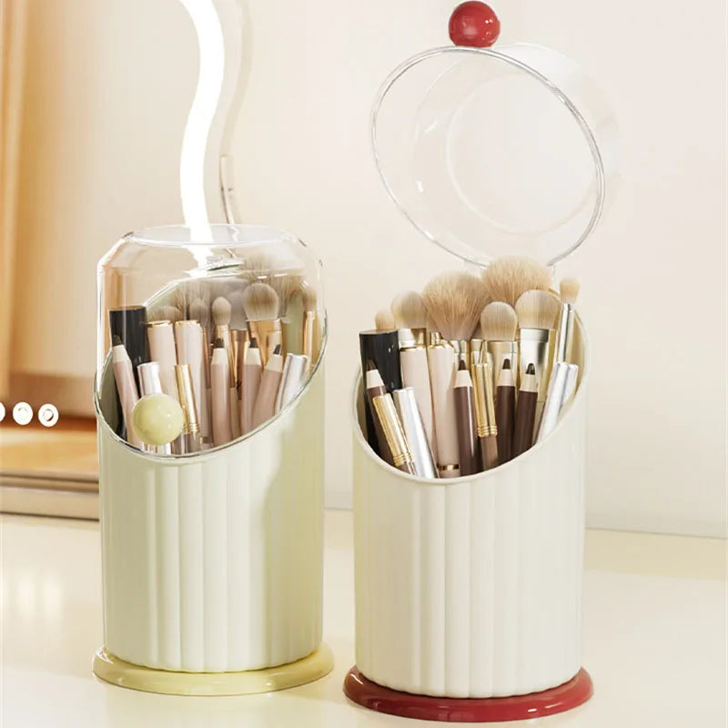 Clarify.pk makeup brush storage box set with two white cylindrical holders and transparent lids for organizing brushes