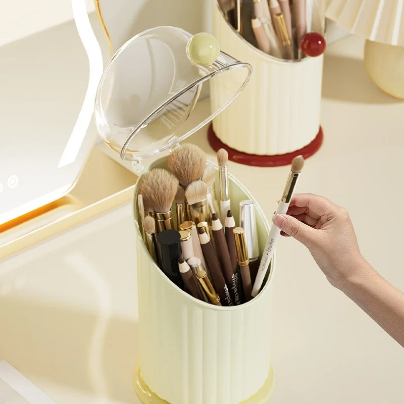 Clarify.pk makeup brush storage box holding various makeup brushes with transparent lid open