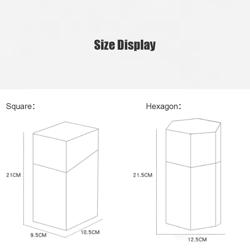 Size display diagram of Clarify.pk makeup brush storage box in square and hexagon shapes with measurements