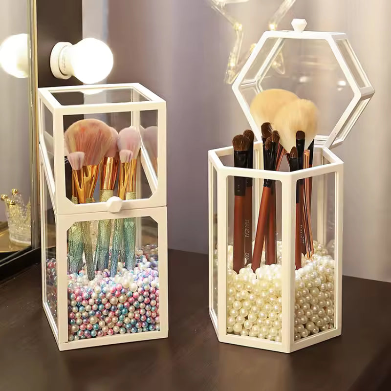 Clarify.pk makeup brush storage box with glass panels and decorative beads for organized brush storage