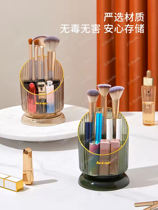 Makeup brush storage organizer holding brushes and lipsticks on a white marble surface