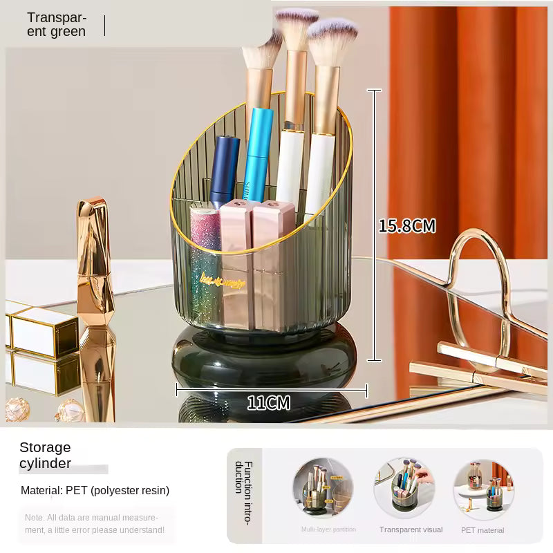 Transparent green makeup brush storage organizer with multiple compartments holding brushes and cosmetics