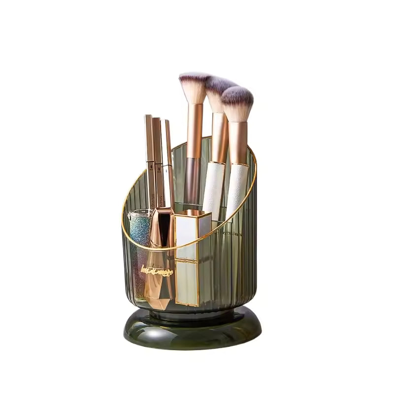 Elegant green and gold makeup brush storage organizer holding makeup brushes and cosmetics