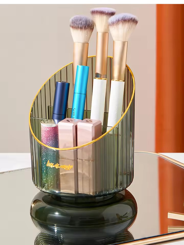 Makeup brush storage organizer with a black base holding makeup brushes and cosmetics