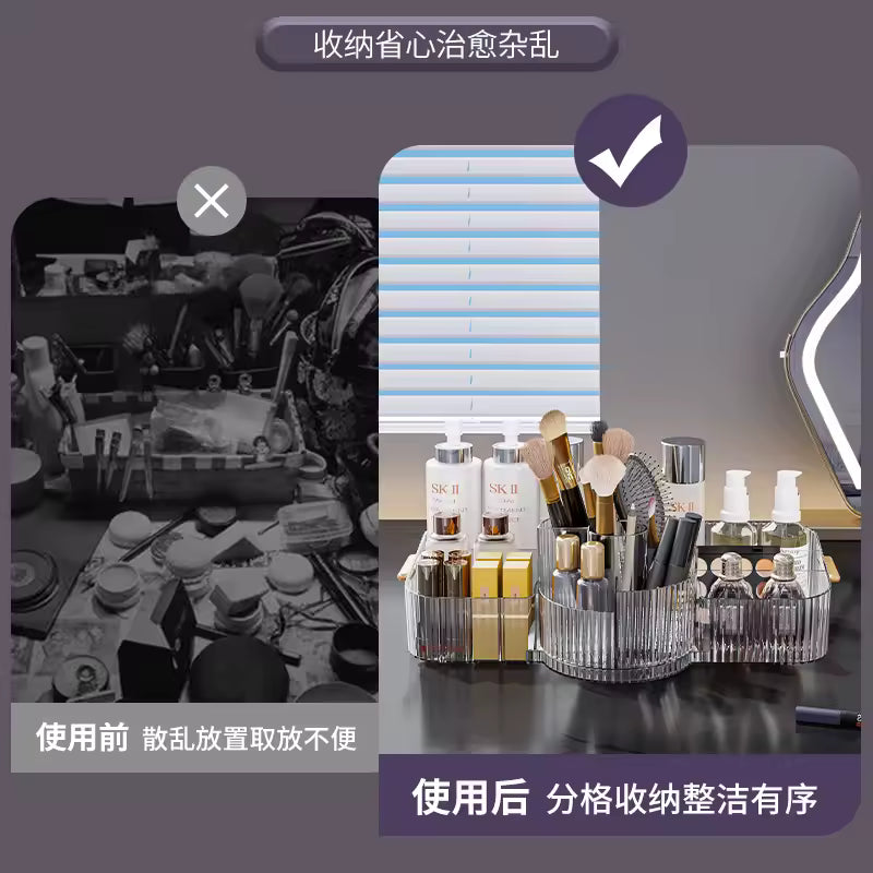 Clear makeup organizer box for vanity holding brushes bottles and cosmetics neatly on a black surface