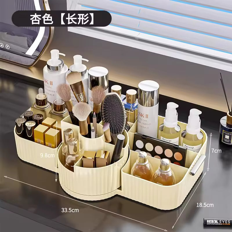 Beige makeup organizer box for vanity with multiple compartments holding brushes, skincare bottles, lipsticks, and cosmetics