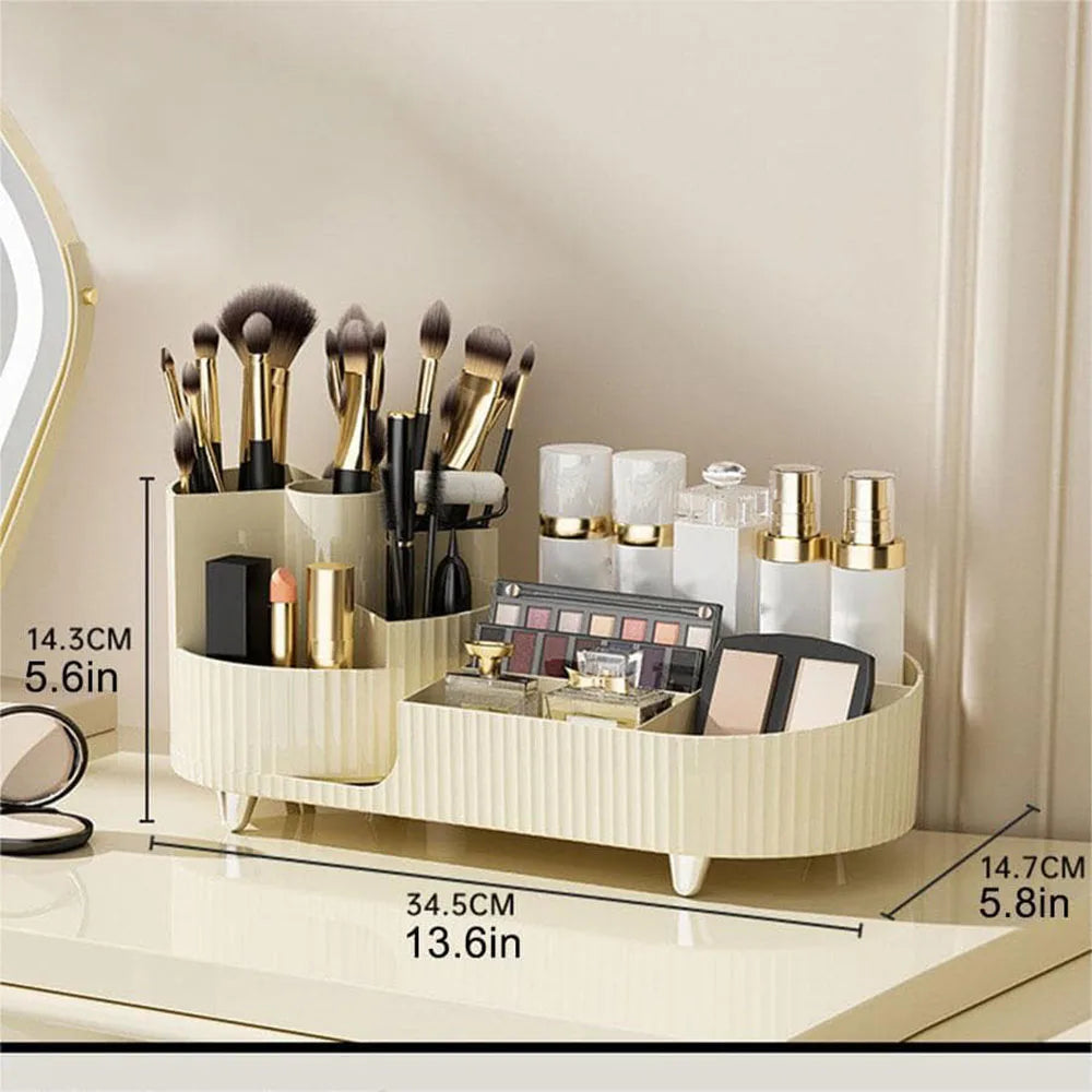 Beige makeup organizer for vanity with multiple compartments holding brushes, lipsticks, and skincare bottles
