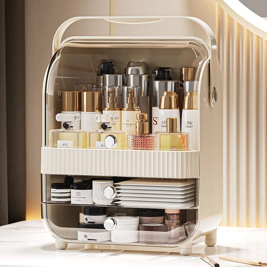 Makeup organizer storage with drawers in cream color holding skincare and beauty products neatly