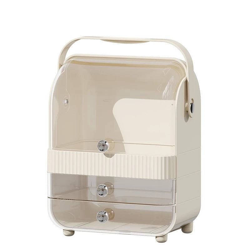 Compact beige makeup organizer storage with drawers featuring clear compartments and a carry handle