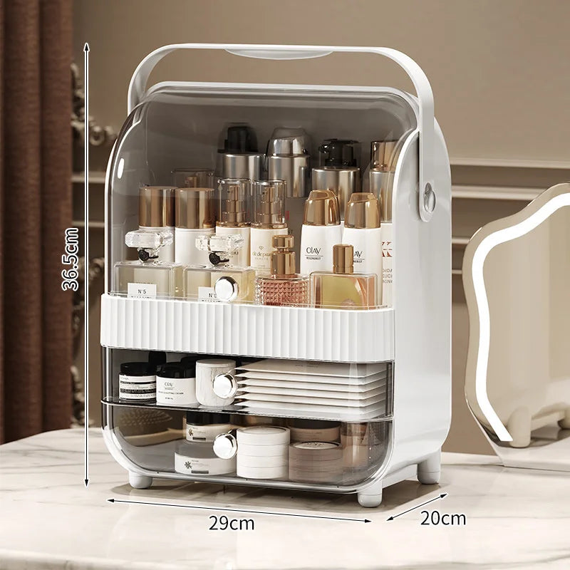 White makeup organizer storage with drawers and transparent cover holding cosmetic bottles and containers