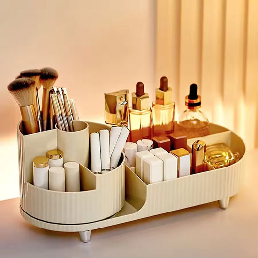 Clarify.pk makeup organizer with compartments holding brushes, lipsticks, and cosmetic bottles on a cosmetic storage rack