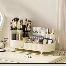 Makeup organizer with compartments by Clarify.pk holding brushes, bottles, and cosmetic products on vanity