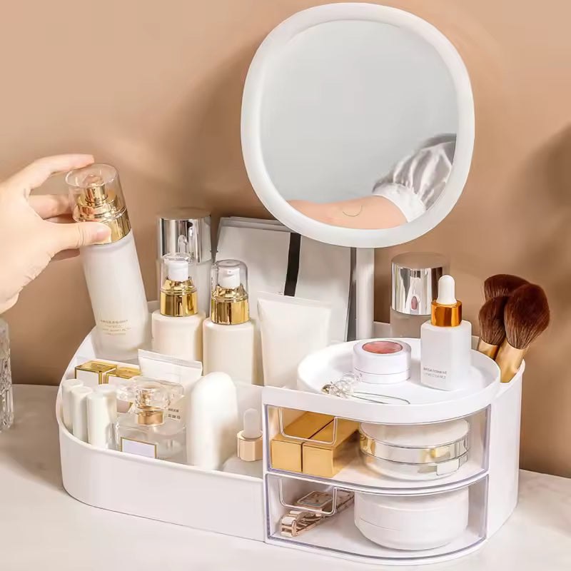 Clarify.pk makeup storage box with mirror organizing various skincare and makeup products neatly