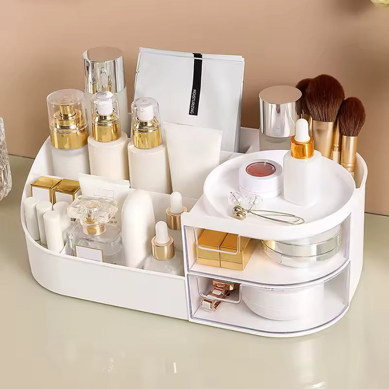 Clarify.pk white makeup storage box with mirror and multiple compartments holding skincare and makeup items