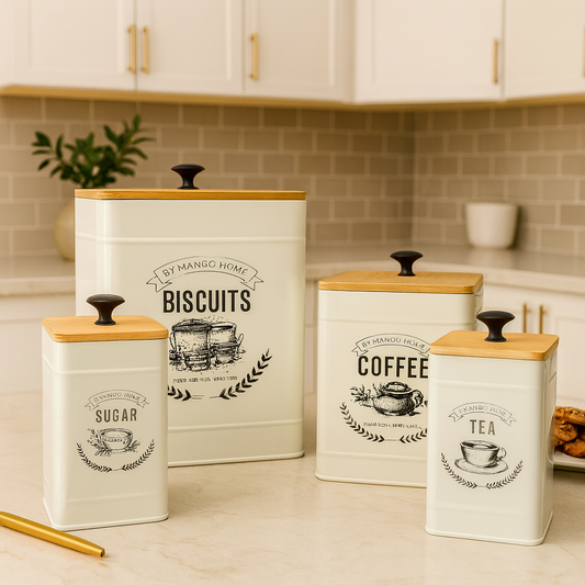airtight metal storage boxes set cream metal canisters with wooden lids labeled Biscuits Coffee Sugar Tea on countertop