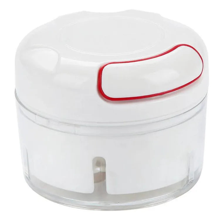 Compact manual garlic chopper with white and red design for easy kitchen use