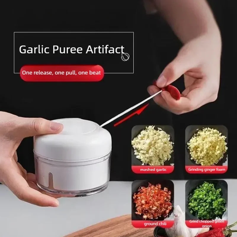 Manual garlic chopper with pull string for easy garlic puree and chopping chili and green onion