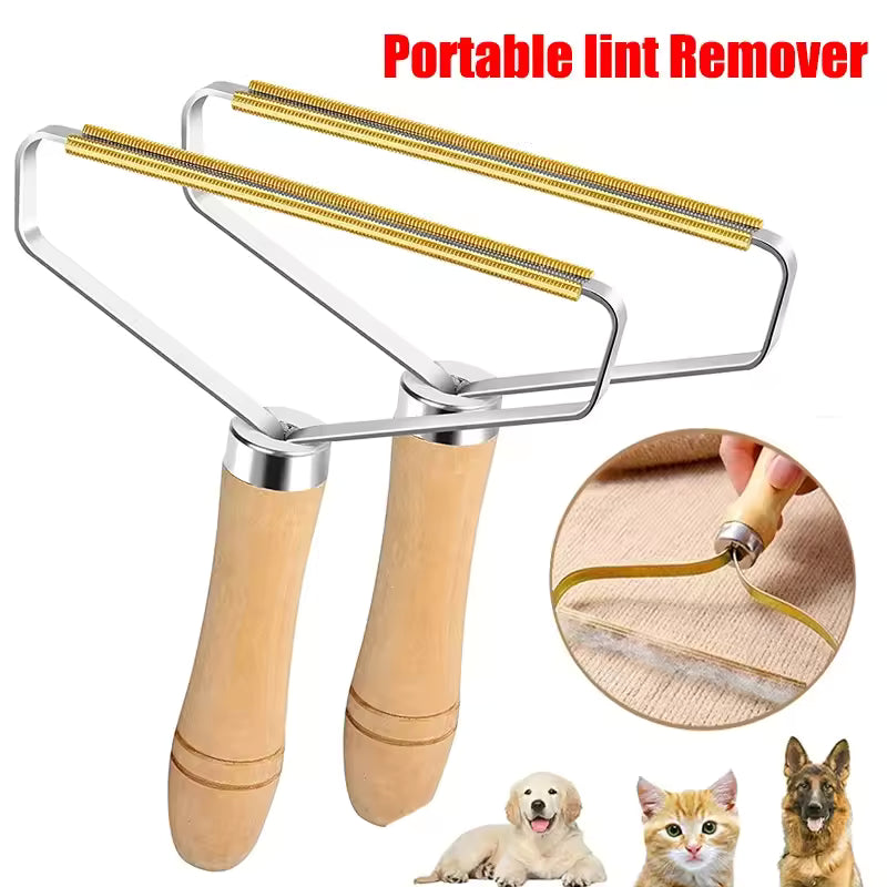 Manual lint remover for clothes with wooden handle and metal frame for pet hair and fabric care
