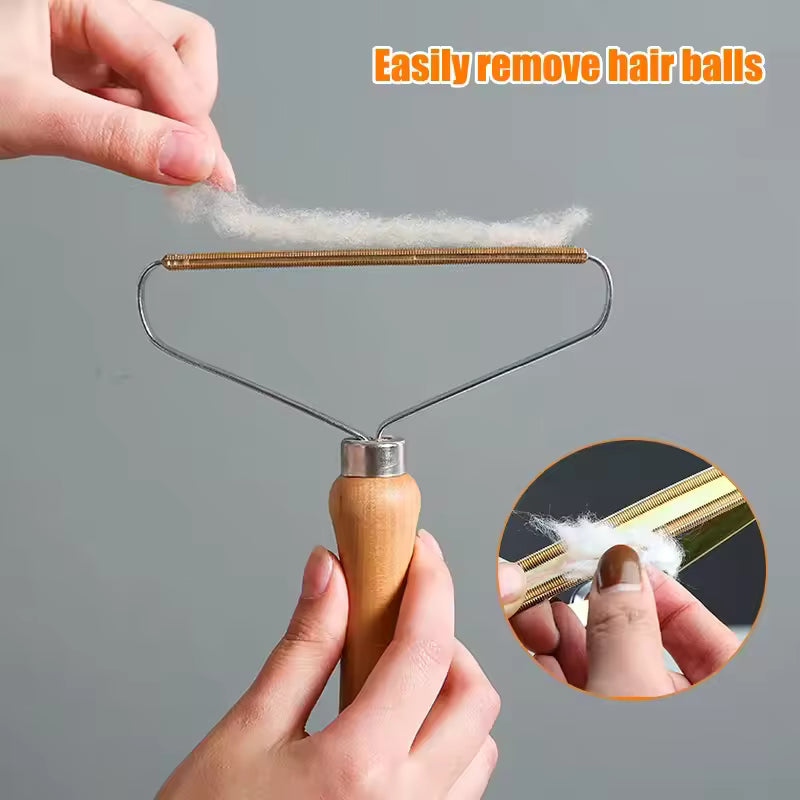 Manual lint remover for clothes with wooden handle effectively removing hair balls from fabric