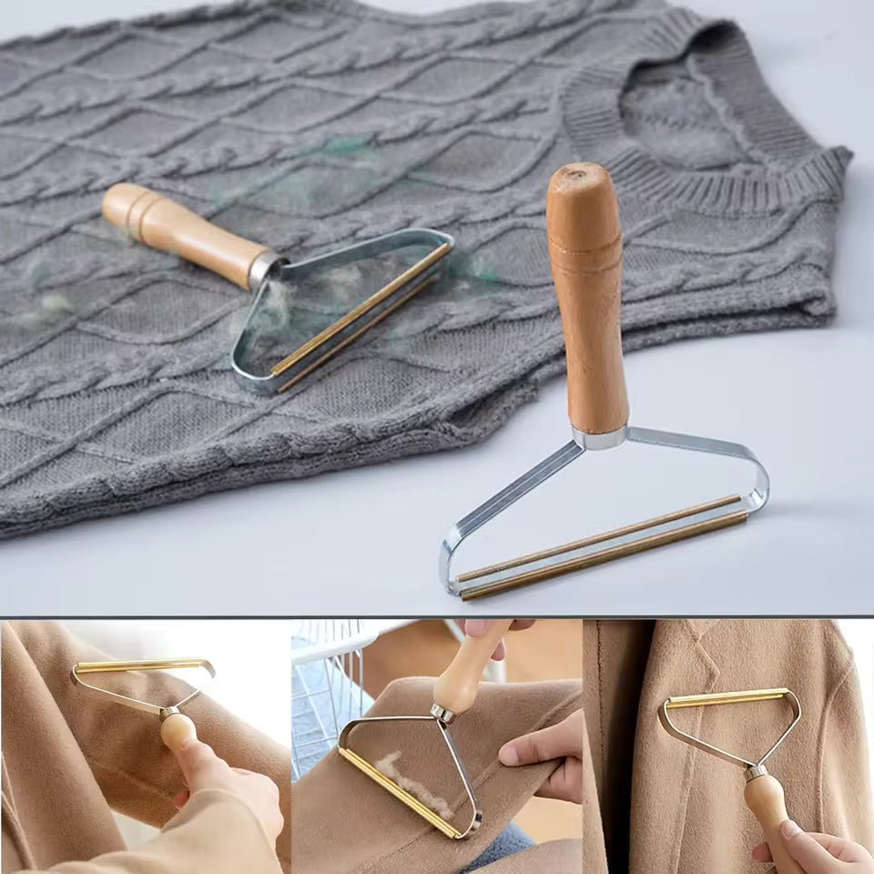 Manual lint remover for clothes with wooden handle and metal frame removing lint from sweaters and coats