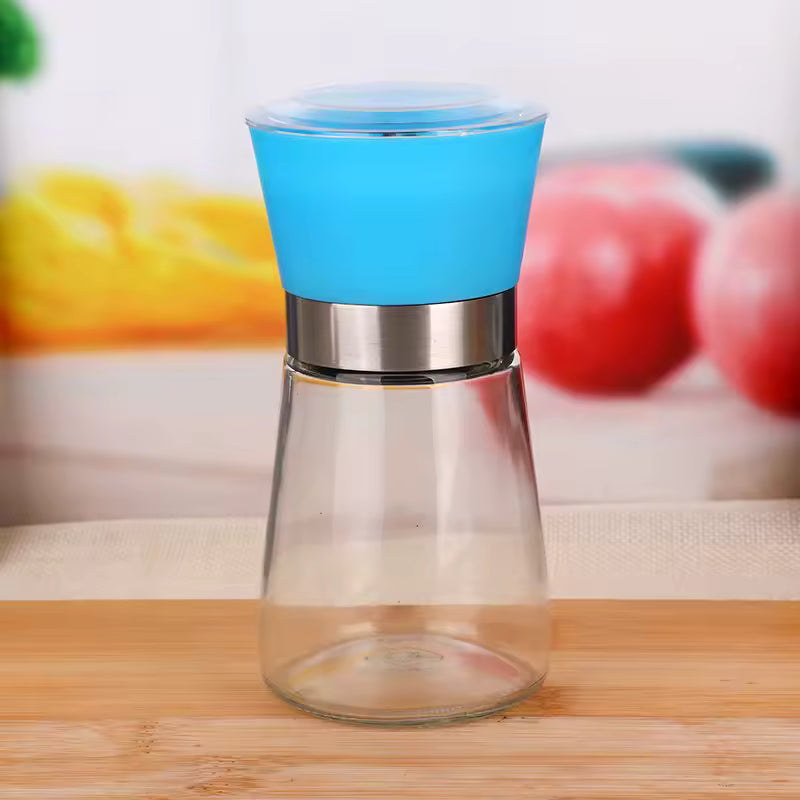 Clarify.pk manual salt and pepper grinder with blue top and clear glass body for kitchen use