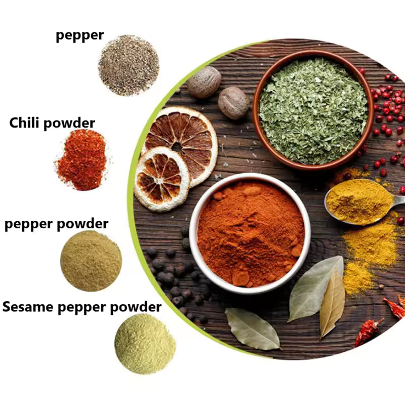 Variety of spices including chili powder pepper powder and sesame pepper powder for manual salt and pepper grinder
