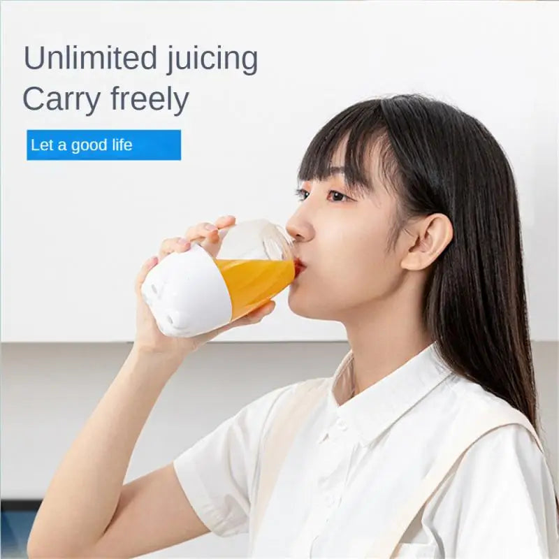Woman drinking juice from portable electric juicer by Clarify.pk in a kitchen setting