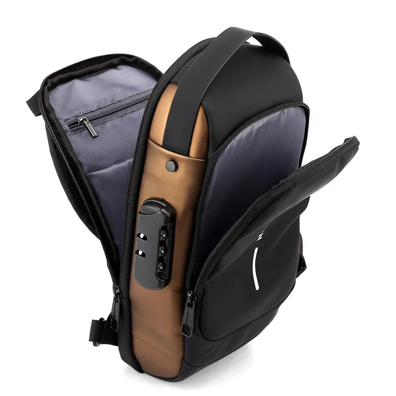 Men's code lock crossbody bag in black and brown with multiple compartments and secure zipper