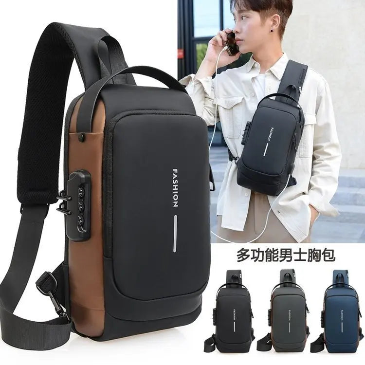 Black men's code lock crossbody bag with adjustable strap and secure combination lock by Clarify.pk